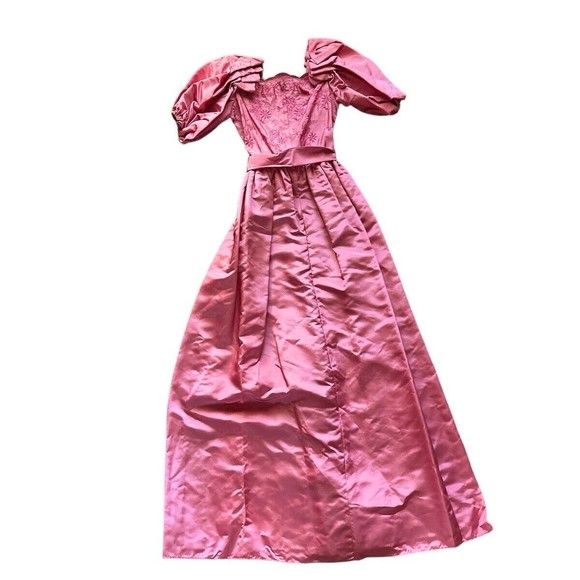 Vintage UNION MADE Dress‎ Embroidered Ball Gown Pleated Pink Puffed Sleeve - Picture 1 of 8